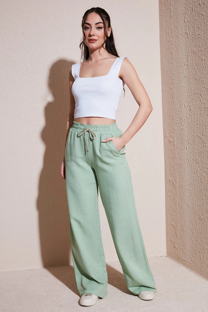 فاشن فريندز Cotton High Waist Wide Leg Trousers Women's Trousers 24Y0249K1