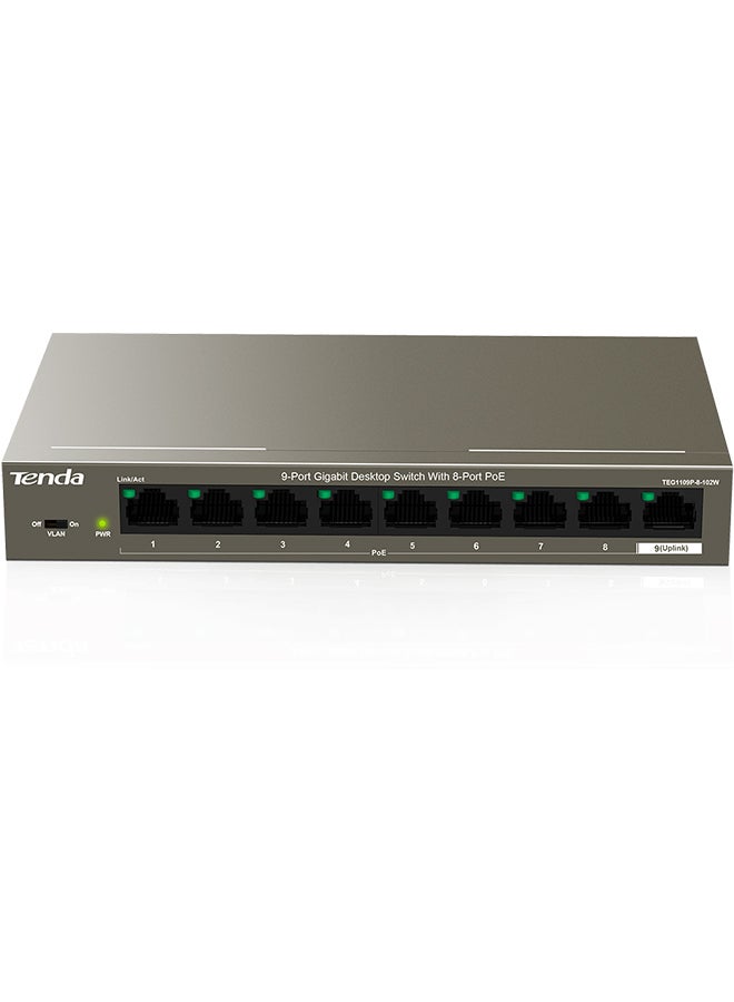 Tenda TEG1109P-8-102W 9-Port Gigabit Desktop Switch with 8-Port PoE Grey - Image 1