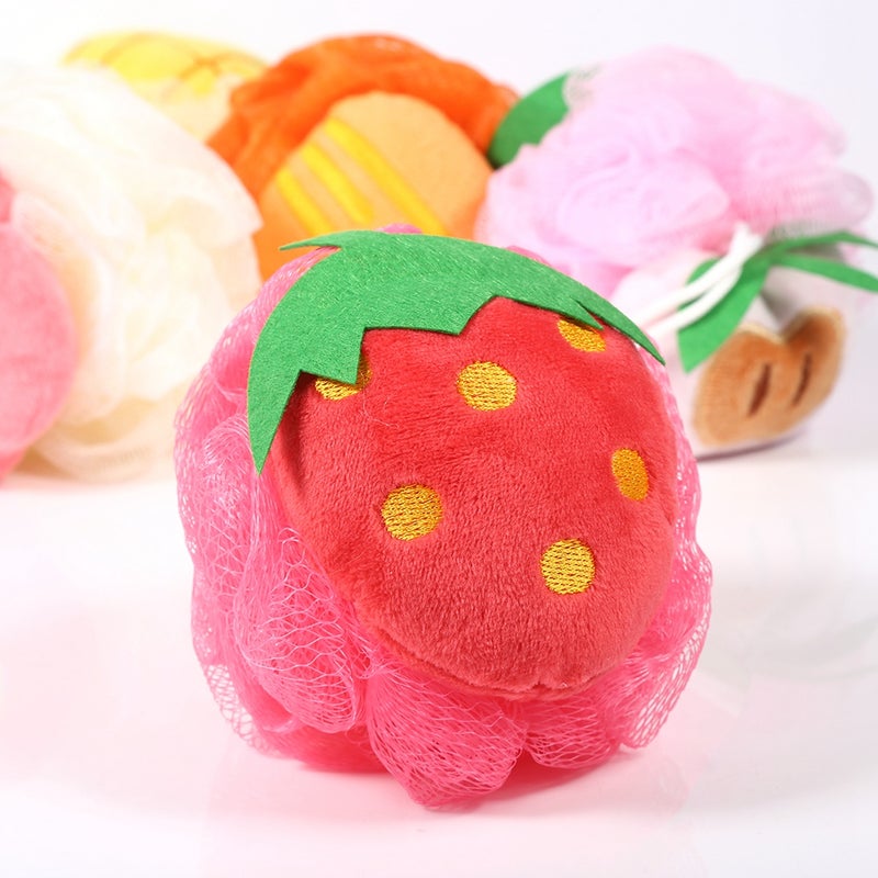 Colorful Fruit Shape Mesh Brush Shower Ball Exfoliating Body Cleansing Scrub Sponge #Strawberry - Image 1