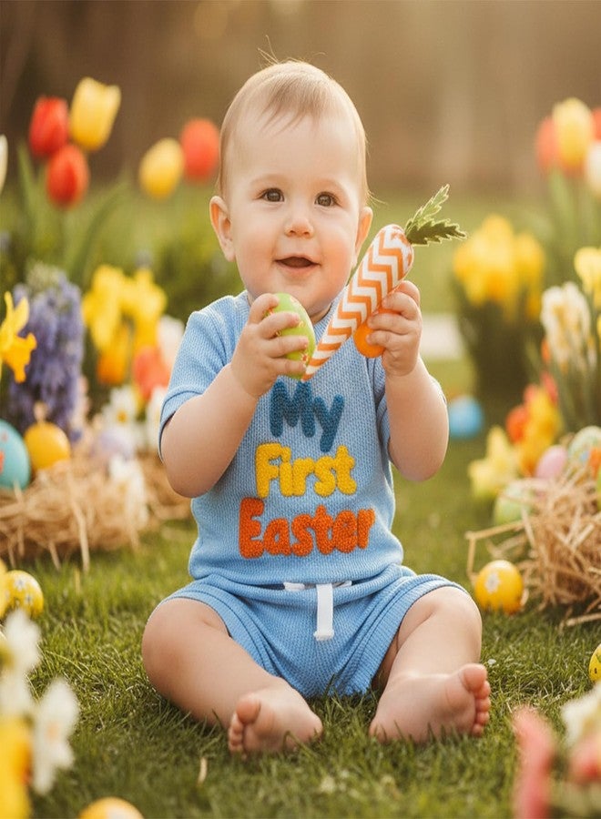 Douhoow My First Easter Baby Boy Outfit Embroidered Short Sleeve Baby Romper Boys Shorts Infant Summer Clothes (Blue, 0-3 Months) - Image 5