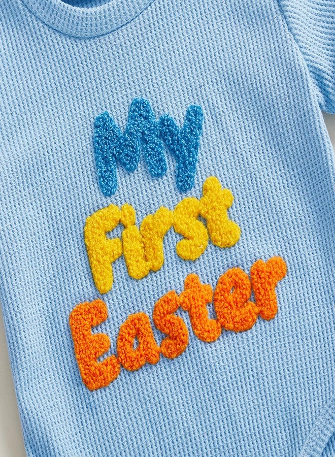 Douhoow My First Easter Baby Boy Outfit Embroidered Short Sleeve Baby Romper Boys Shorts Infant Summer Clothes (Blue, 0-3 Months) - Image 3