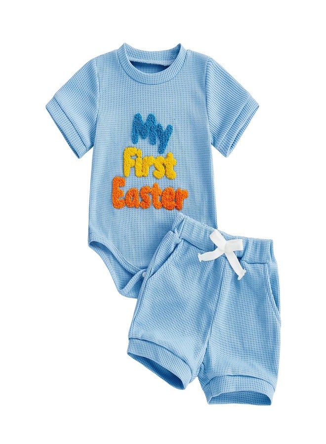 Douhoow My First Easter Baby Boy Outfit Embroidered Short Sleeve Baby Romper Boys Shorts Infant Summer Clothes (Blue, 0-3 Months) - Image 1