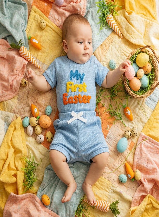 Douhoow My First Easter Baby Boy Outfit Embroidered Short Sleeve Baby Romper Boys Shorts Infant Summer Clothes (Blue, 0-3 Months) - Image 4