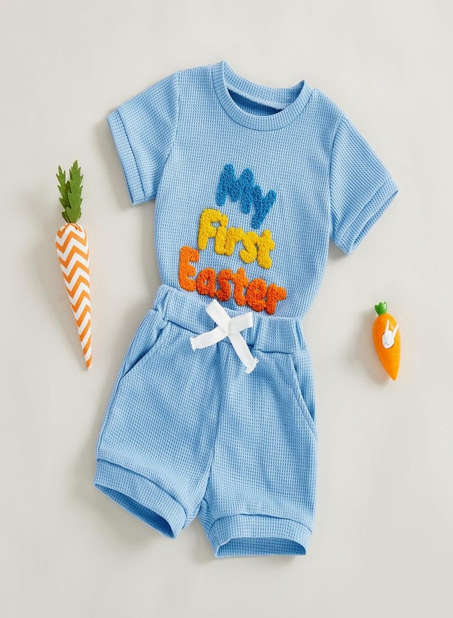 Douhoow My First Easter Baby Boy Outfit Embroidered Short Sleeve Baby Romper Boys Shorts Infant Summer Clothes (Blue, 0-3 Months) - Image 2