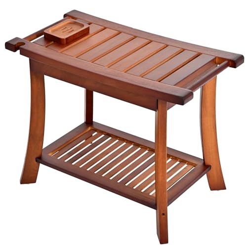 Jekruiet Teak Shower Chair Stool, 24" Shower Bench Seat, Wooden Bathroom Bench with Storage Shelf for Indoor & Outdoor Use - Image 1