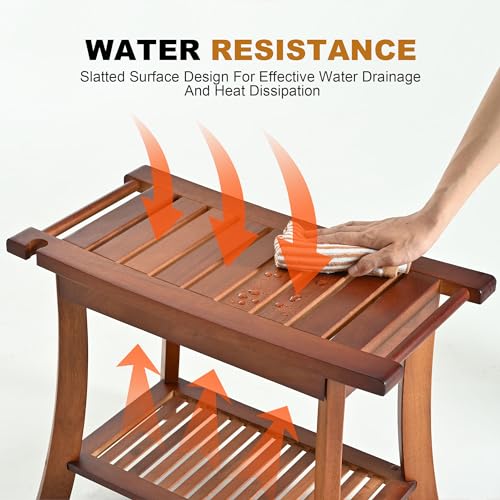 Jekruiet Teak Shower Chair Stool, 24" Shower Bench Seat, Wooden Bathroom Bench with Storage Shelf for Indoor & Outdoor Use - Image 3