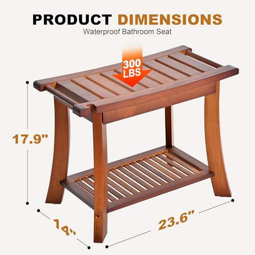 Jekruiet Teak Shower Chair Stool, 24" Shower Bench Seat, Wooden Bathroom Bench with Storage Shelf for Indoor & Outdoor Use - Image 2