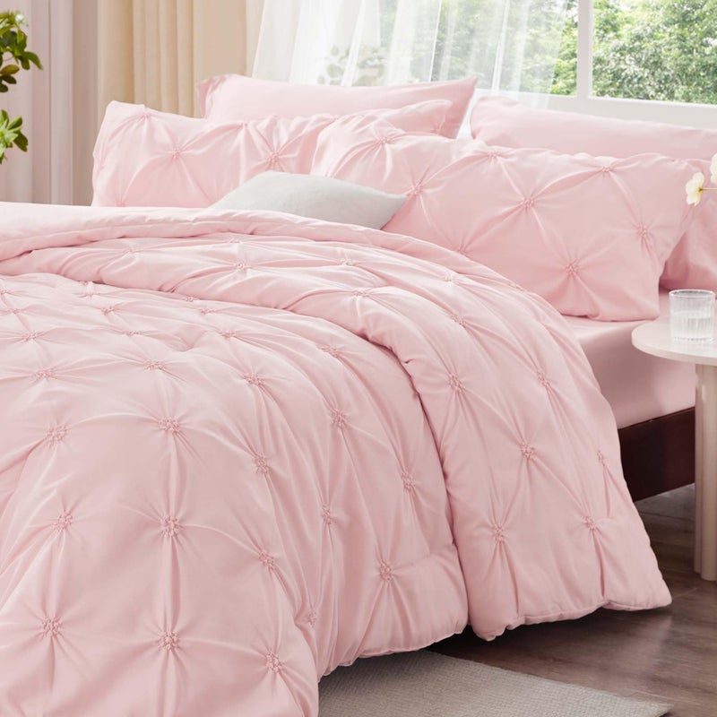 BEDELITE Baby Pink King Size Comforter Set - 3 Pieces Boho Pintuck Bedding Comforter Sets, Lightweight Soft & Warm King Bedding Set with 2 Pillowcases for All Season - Image 2