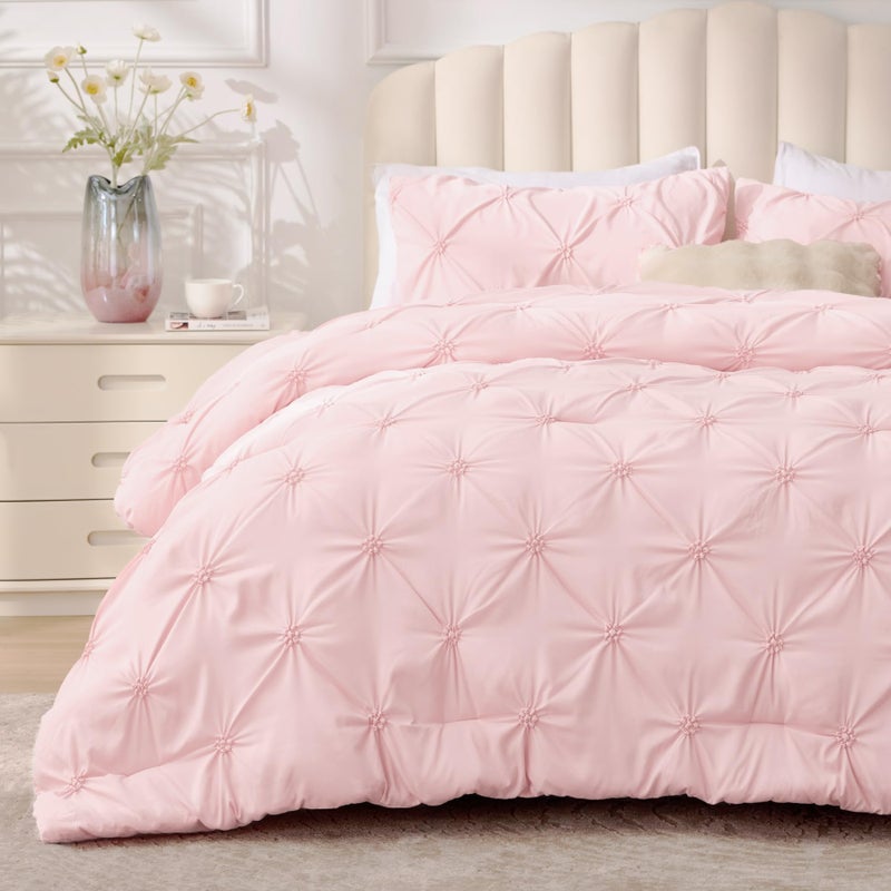 BEDELITE Baby Pink King Size Comforter Set - 3 Pieces Boho Pintuck Bedding Comforter Sets, Lightweight Soft & Warm King Bedding Set with 2 Pillowcases for All Season - Image 1