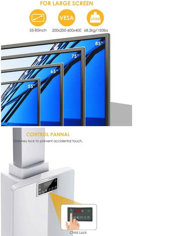 سكيل تك حامل تلفزيون SH TW85 قابل للتعديل كهربائياً، مصنوع من الألومنيوم، قابل للتمديد والتمديد، مناسب لشاشات من 55 إلى 85 بوصة، يدعم معيار VESA 600x400 كحد أقصى، يتحمل وزنًا يصل إلى 68.2 كجم - حامل تلفزيون متحرك شديد التحمل، أبيض اللون - Image 3