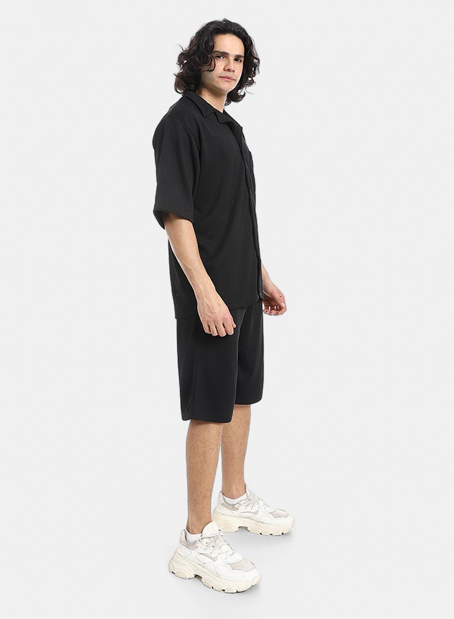 Red Circle Regular Fit Pique Black Shirt and Shorts Set - Image 2