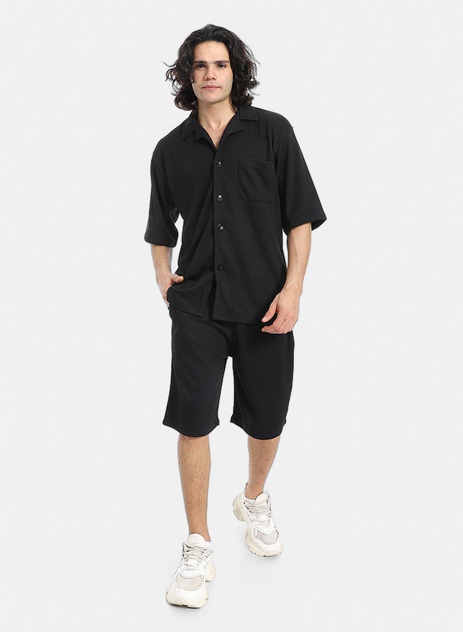 Red Circle Regular Fit Pique Black Shirt and Shorts Set - Image 1