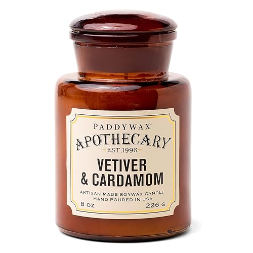 Paddywax Artisan Apothecary Scented Candle with Lid in Reusable Glass Jar CleanBurn Soy Candle with Approx 54 Hour Burn Time Vetiver Cardamom 8 oz