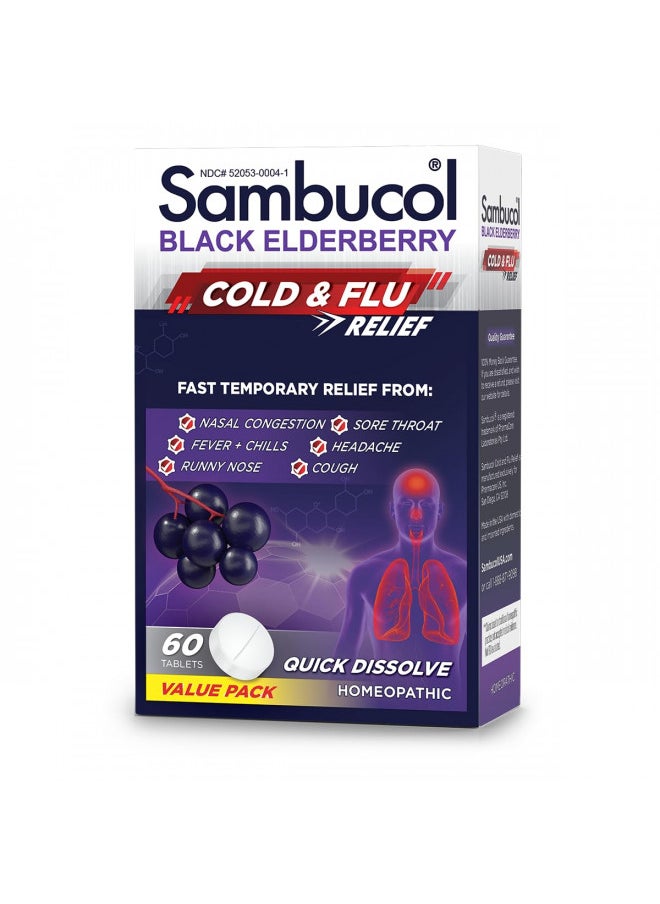 Sambucol Sambucol Cold and Flu Relief Tablets - Homeopathic Cold Medicine, Nasal & Sinus Congestion Relief, Use for Runny Nose, Sore Throat, Coughing, Cold Remedy for Adults - Black Elderberry, 60 Count  - Image 1