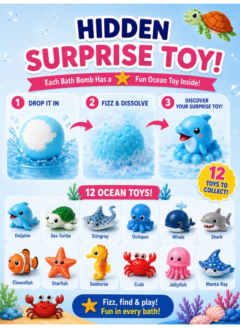 Eworld Kids Bath Bomb Gift Set, Pack of 12 Bath Bombs with Surprise Toys Inside, 12 Unique Scents, Colorful Fizzy Bath Bombs, Ocean Series Collectible Animal Toys, Skin-Friendly Gift for Boys & Girls - Image 3