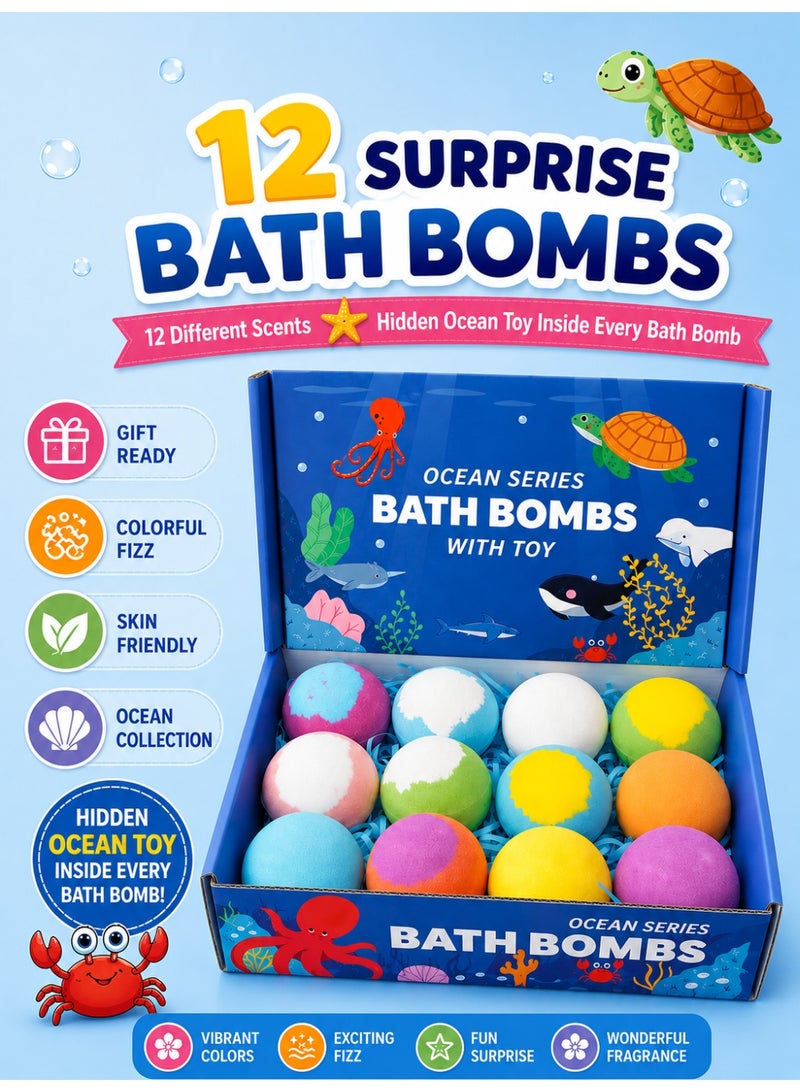 Eworld Kids Bath Bomb Gift Set, Pack of 12 Bath Bombs with Surprise Toys Inside, 12 Unique Scents, Colorful Fizzy Bath Bombs, Ocean Series Collectible Animal Toys, Skin-Friendly Gift for Boys & Girls - Image 1