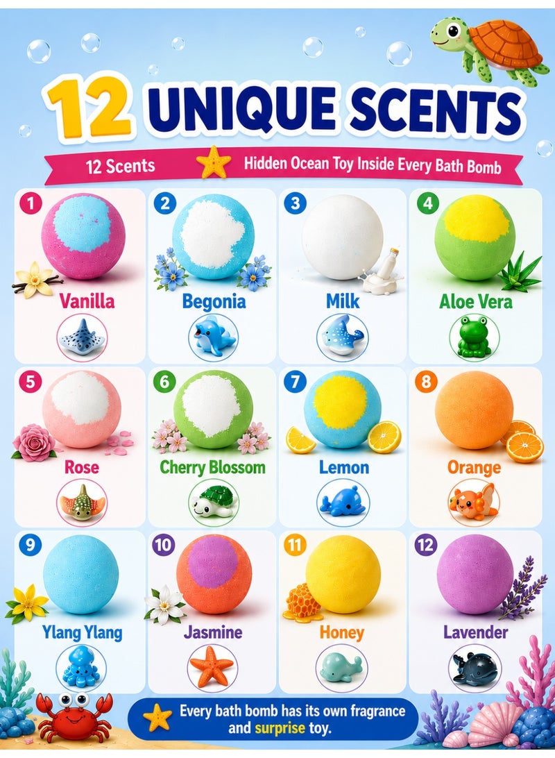 Eworld Kids Bath Bomb Gift Set, Pack of 12 Bath Bombs with Surprise Toys Inside, 12 Unique Scents, Colorful Fizzy Bath Bombs, Ocean Series Collectible Animal Toys, Skin-Friendly Gift for Boys & Girls - Image 2