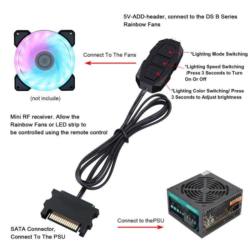 DS leddess DS Mini ARGB PC Fans Controller Kit with One-to-One Matching Function for Computer Case RGB Fans, PC ARGB Heat Sink (3 Pin, 14 Key, SATA Power, 5th Gen) - Image 5