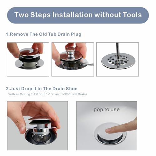 HIDROP Chrome Plated Universal Tub Dain Stopper, Hidrop Pop Up Bath Drain Tip Toe Bathtub Drain Stopper,Conversion Kit Assembly, Replaces Lift and Turn, Tip-Toe and Trip Lever drains for Tub, EZ Install - Image 4