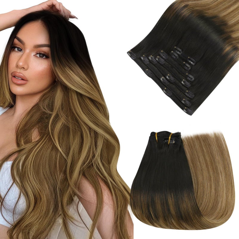 Easyouth Clip in Hair Extensions Real Human Hair Ombre Black Thick Human Hair Clip in Extensions Black Fading to Brown with Caramel Blonde Clips on Hair Extension for Women 18 Inch 7Pcs 120G