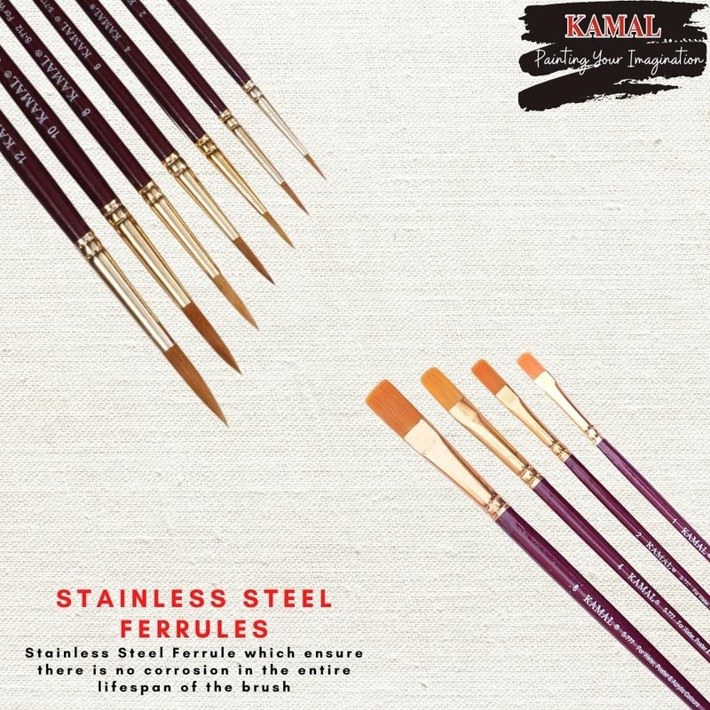 Kamal مجموعة فرش الرسم كمال® بجودة الفنان من شعر تاكلون الذهبي، مجموعة دائرية من 7 قطع ومجموعة مسطحة من 4 قطع… - Image 4