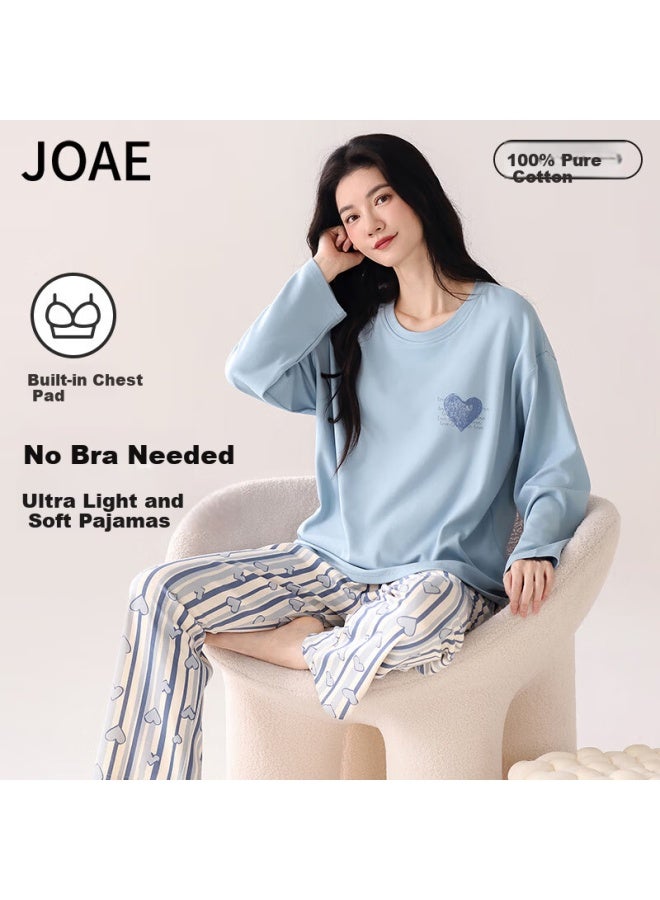 Joae 100% Cotton Women's Long Sleeve Pullover Pajama Set Blue 2XL - Image 1