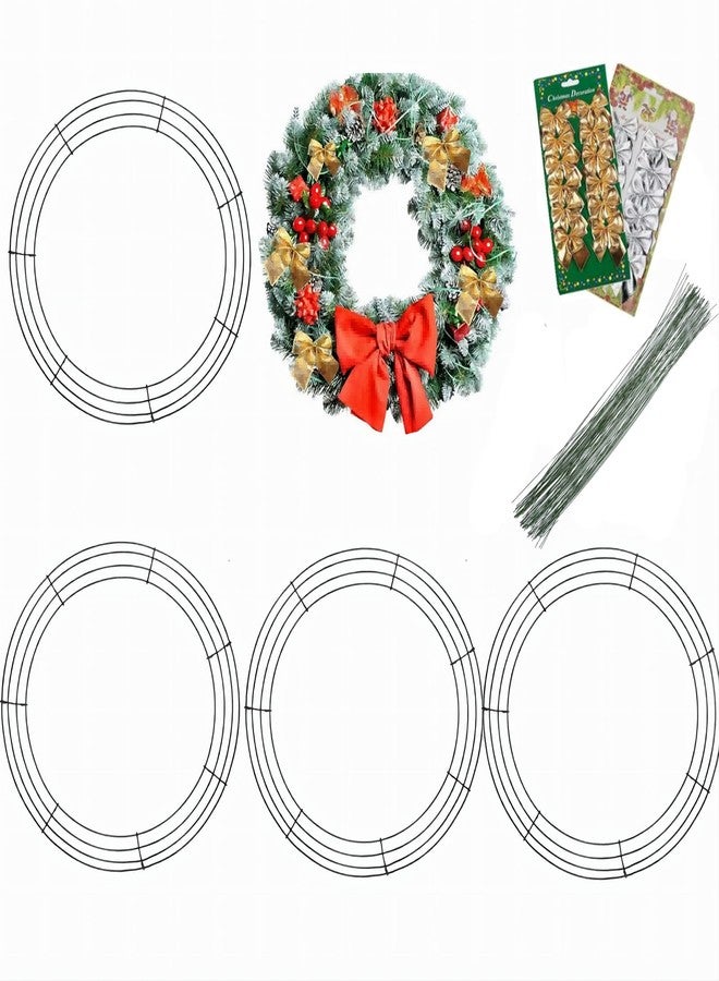 ENLAYER 4 Pieces Christmas Wire Wreath Frame(14Inch),ENLAYER Metal Frame Dark Green Round Wreath with 12 Golden Bow Tie,12 Silver Bow Tie, 100 Lengths of 5.9-Inch Gauge Paddle Wire for Crafts - Image 1