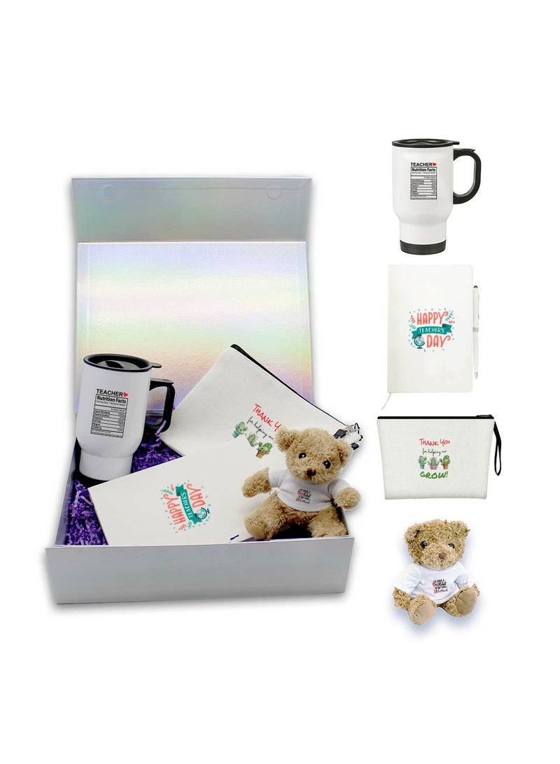 PRINTSHOP4ME Teacher’s Appreciation Pack of 4 Combo Gift Set – Travel Mug, Cosmetic Bag, Teddy Bear Combo Set – Teacher Thank You Gift – Gift for Teacher’s Day, Mentors, and Educators - Image 1