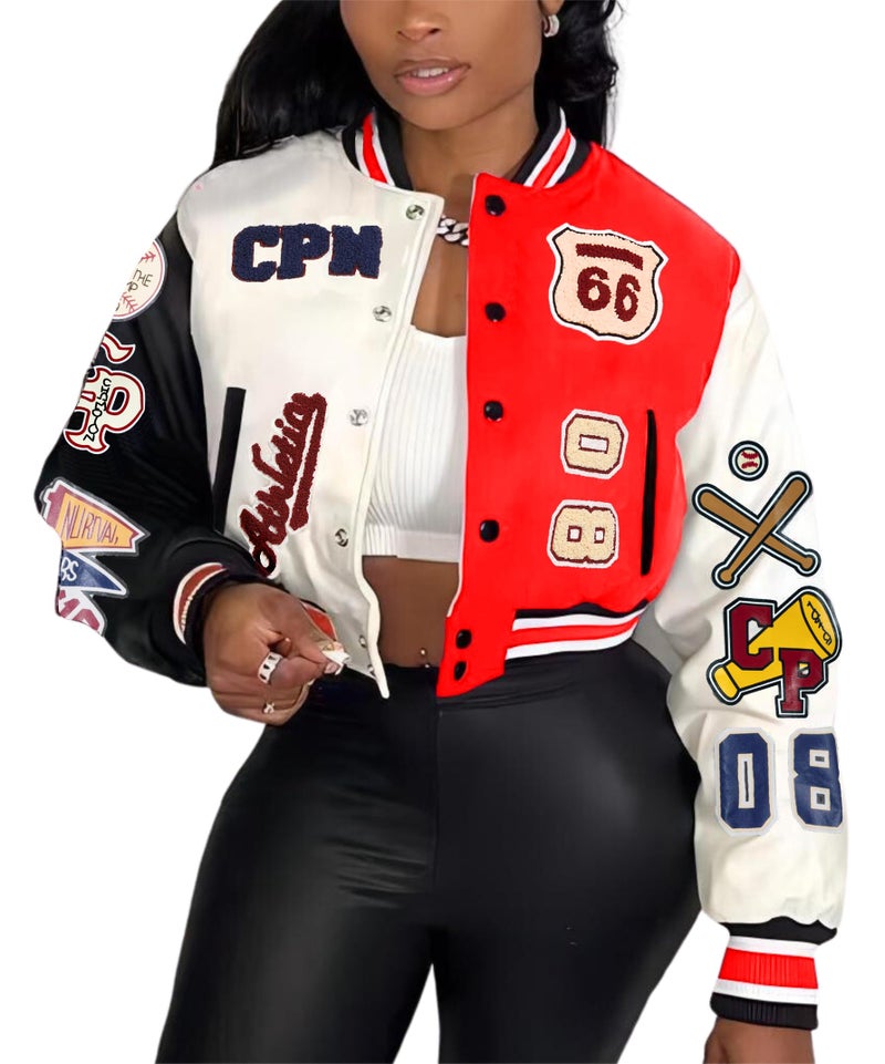 Glitrandi Varsity Jacket for Women Jacket with Patches Cropped Bomber Leather Jacket Woman Winter Spring 2025 SXXL