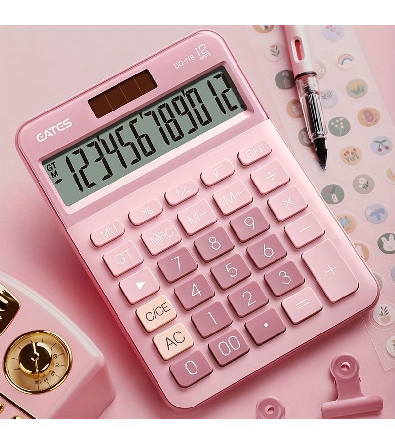 Pink Vintage Office Calculator 12 Digit Battery Dual Power Financial Calculator Large Buttons Large Display Screen For Office Home School - Image 3
