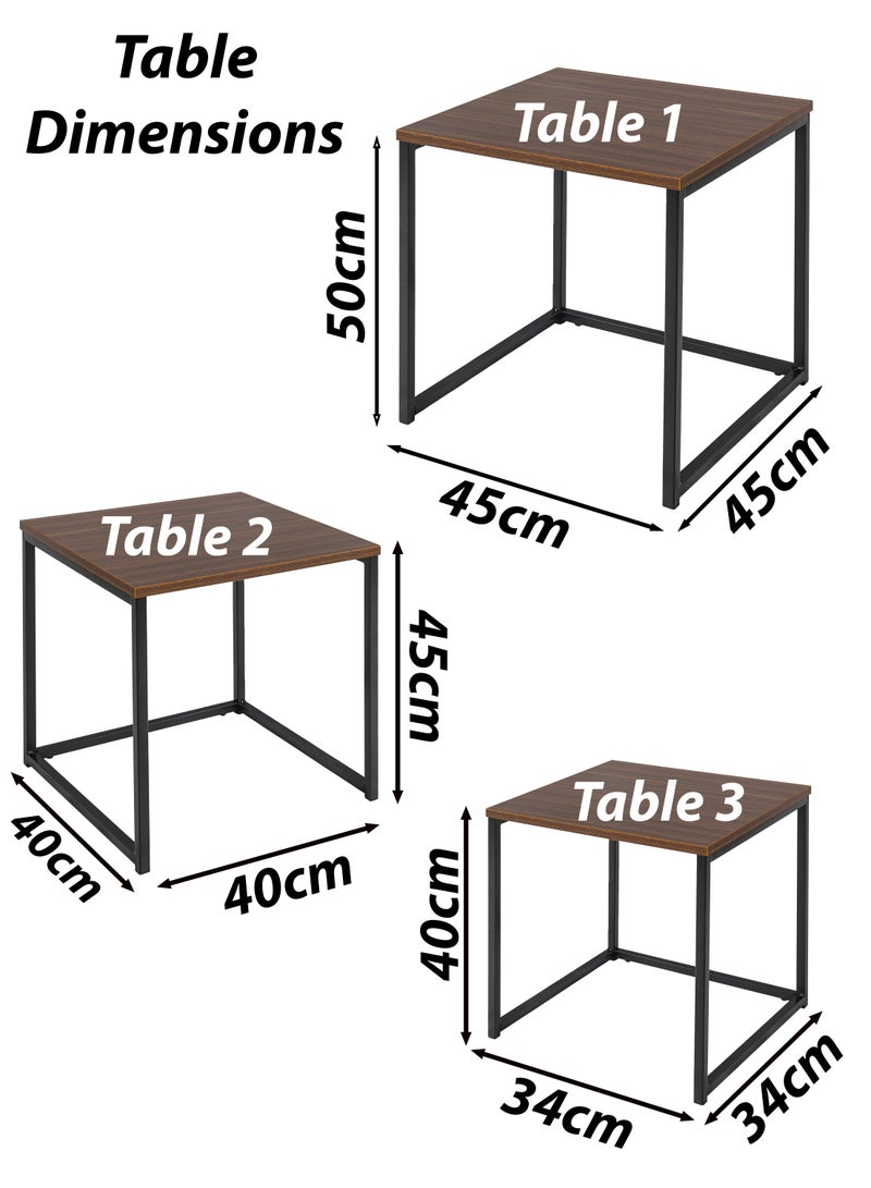 توشونكس مجموعة من 3 طاولات جانبية مربعة متداخلة، تصميم بسيط، طاولات قهوة قابلة للتكديس، سطح خشبي، طاولات جانبية بلمسة صناعية، طاولات بجانب السرير للمكتب المنزلي، غرفة المعيشة، المدخل، والمساحات الصغيرة، طاولة وسط للأريكة، طاولة شاي، بلون الجوز الداكن. - Image 3