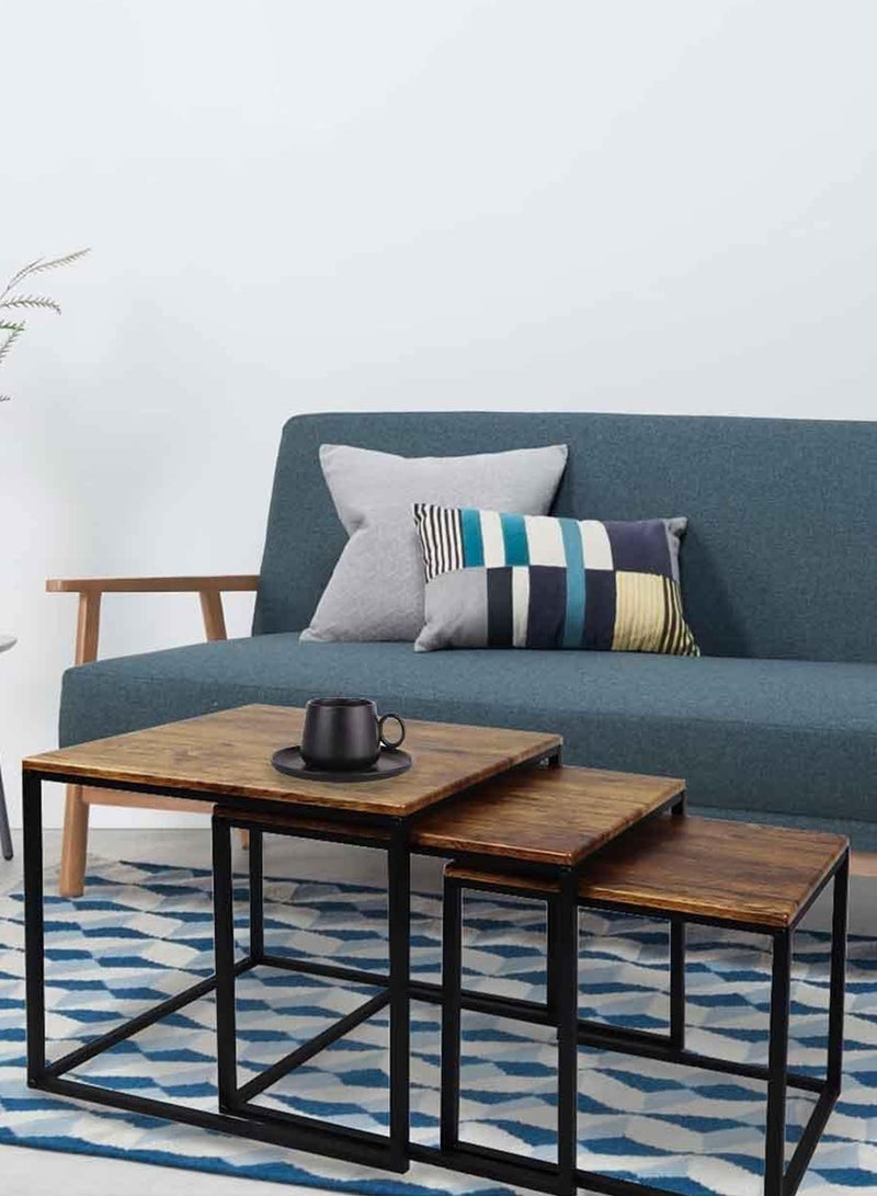 توشونكس مجموعة من 3 طاولات جانبية مربعة متداخلة، تصميم بسيط، طاولات قهوة قابلة للتكديس، سطح خشبي، طاولات جانبية بلمسة صناعية، طاولات بجانب السرير للمكتب المنزلي، غرفة المعيشة، المدخل، والمساحات الصغيرة، طاولة وسط للأريكة، طاولة شاي، بلون الجوز الداكن. - Image 1