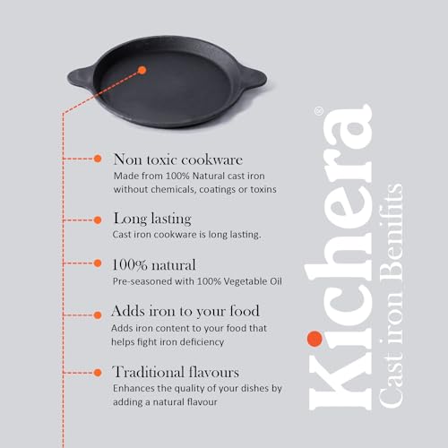 Kichera 10 Inch Pre Seasoned Cast Iron Fish Fry Pan | 2 Loop Handles, 1.5kg Weight | Natural Non-Stick Induction Fish Fry Tawa Pan |Cast Iron Cookware Frying Pan | 25cm Diameter - Image 3