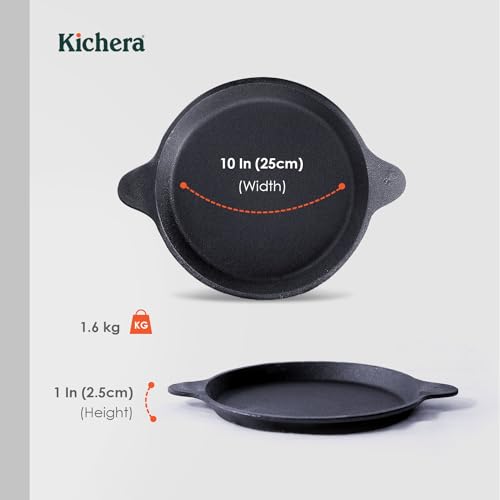 Kichera 10 Inch Pre Seasoned Cast Iron Fish Fry Pan | 2 Loop Handles, 1.5kg Weight | Natural Non-Stick Induction Fish Fry Tawa Pan |Cast Iron Cookware Frying Pan | 25cm Diameter - Image 2