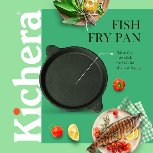 Kichera 10 Inch Pre Seasoned Cast Iron Fish Fry Pan | 2 Loop Handles, 1.5kg Weight | Natural Non-Stick Induction Fish Fry Tawa Pan |Cast Iron Cookware Frying Pan | 25cm Diameter - Image 4