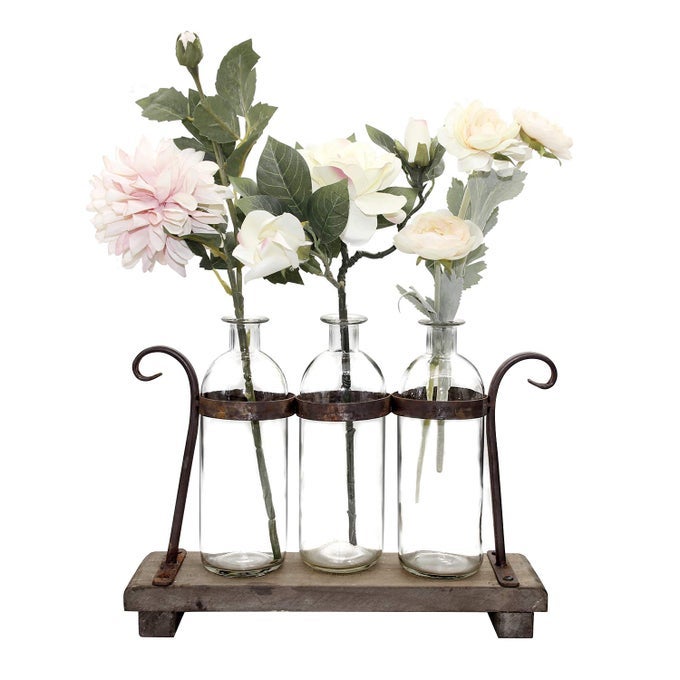 RUSTIC FLOWER VASE SET WITH RACK STAND FARMHOUSE GLASS BOTTLES FOR DECOR TABLE CENTERPIECES