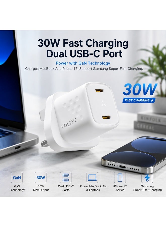 VOLTME 30W GaN III Dual USB-C Fast Charger, PD 3.0 PPS Compact Wall Adapter, 2-Port Super Fast Charging for iPhone 17 Pro/17 Pro Max/16/15/14/13/12/11, Samsung S25/S24/S23 Ultra, MacBook Air, iPad, AirPods, Pixel & USB-C Devices – White - Image 1