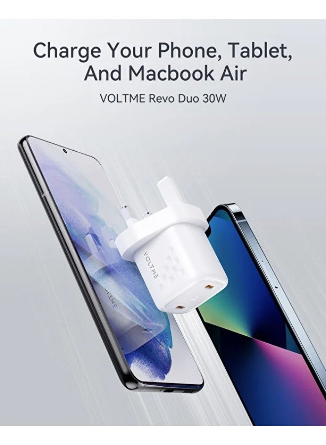 VOLTME 30W GaN III Dual USB-C Fast Charger, PD 3.0 PPS Compact Wall Adapter, 2-Port Super Fast Charging for iPhone 17 Pro/17 Pro Max/16/15/14/13/12/11, Samsung S25/S24/S23 Ultra, MacBook Air, iPad, AirPods, Pixel & USB-C Devices – White - Image 2