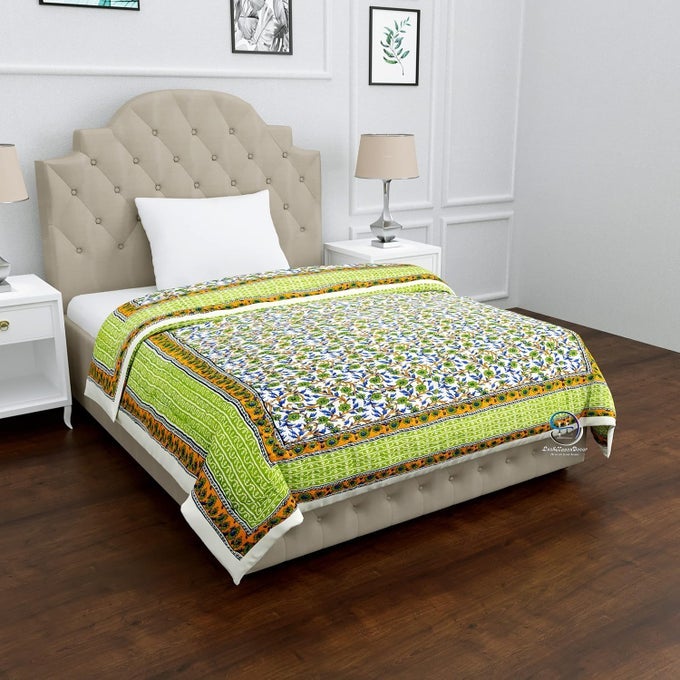 210 TC SINGLE BED JAIPURI COTTON RAZAI BLANKET AC QUILT SOFT LIGHT WEIGHT RAJASTHANI TRADITIONAL RAJAI COMFORTER 85 X 55 INCH GREEN PACK OF 1 BREATHABLE