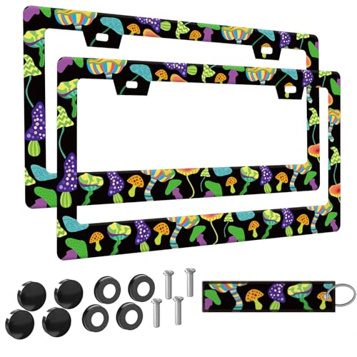 BDFHYK 2pcs Mushrooms License Plate Frame for Women Retro Mushroom car Decorative tag Frames Girly Green Plant theam License Plate Cover Holder for Vehicle with Double Sided Keychain tag - Image 1