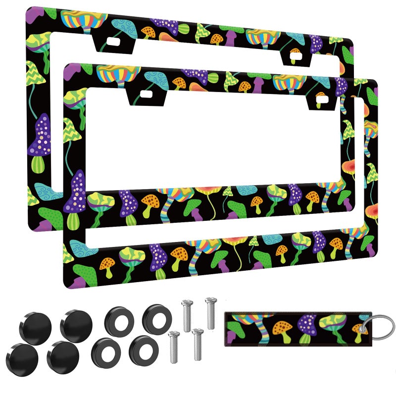BDFHYK 2pcs Mushrooms License Plate Frame for Women Retro Mushroom car Decorative tag Frames Girly Green Plant theam License Plate Cover Holder for Vehicle with Double Sided Keychain tag - Image 3