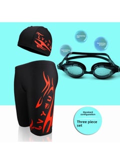 Men's Swimming Trunks And Swimming Cap Set Learning Swimming Equipment Quick-Drying Boxer Hot Spring Large Size Flame Five-Point Swimming Trunks-Color:8702 Five-point Red Label Three-piece Set-l (recommended Weight 30-45kg )