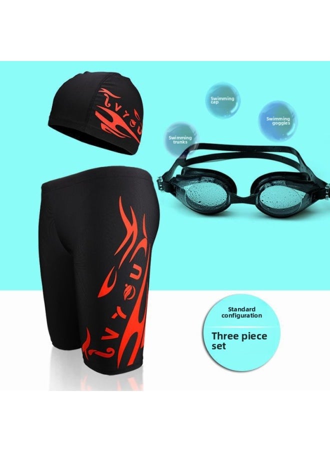 Generic - Men's Swimming Trunks And Swimming Cap Set Learning Swimming Equipment Quick-Drying Boxer Hot Spring Large Size Flame Five-Point Swimming Trunks-Color:8702 Five-point Red Label Three-piece Set-l (recommended Weight 30-45kg ) - Image 1