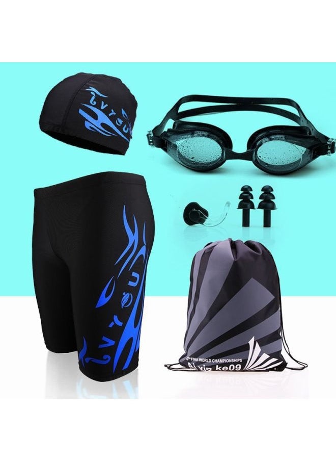 Generic - Men's Swimming Trunks And Swimming Cap Set Learning Swimming Equipment Quick-Drying Boxer Hot Spring Large Size Flame Five-Point Swimming Trunks-Color:8702 Five-point Red Label Three-piece Set-l (recommended Weight 30-45kg ) - Image 1