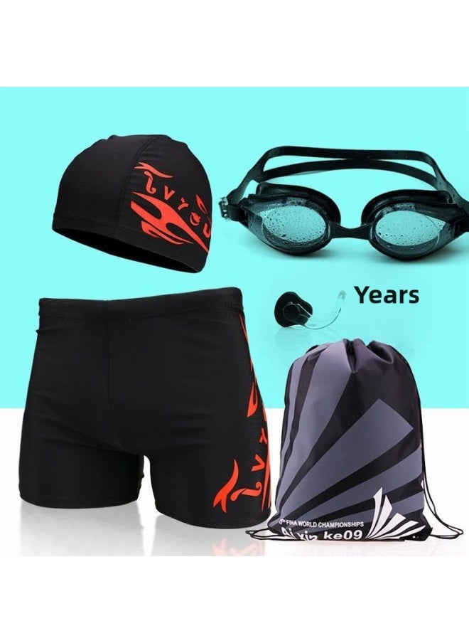 Generic - Men's Swimming Trunks And Swimming Cap Set Learning Swimming Equipment Quick-Drying Boxer Hot Spring Large Size Flame Five-Point Swimming Trunks-Color:8702 Five-point Red Label Three-piece Set-l (recommended Weight 30-45kg ) - Image 1