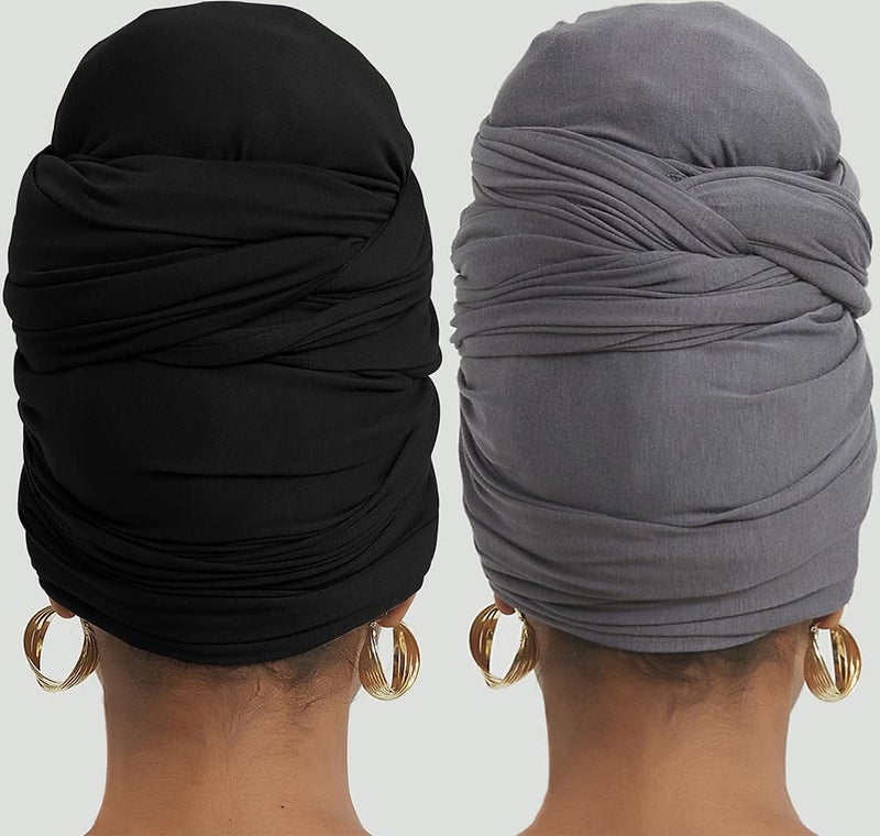 corciova Black Gray 2 Pcs Long Soft Head Wrap Turban Headband for Black Women Two Way Stretch Fashion African Head Covering Jersey Hijab Scarf - Image 4