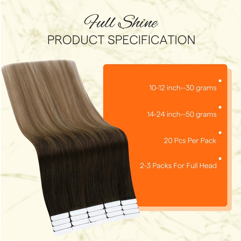 Fshine Full Shine Tape in Hair Extensions 22 Inch Color 2 Dark Rooted Ombre to 6 Brown Highlight 18 Blonde Seamless Skin Weft Remy Tape Ins Human Hair Extensions 50g Natural Straight for Women 20PCS - Image 3