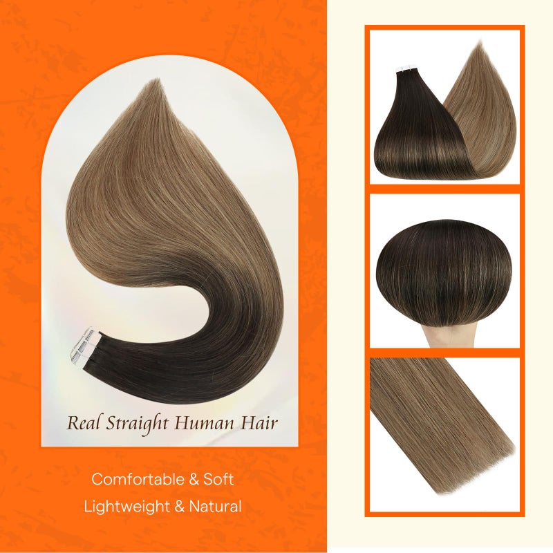 Fshine Full Shine Tape in Hair Extensions 22 Inch Color 2 Dark Rooted Ombre to 6 Brown Highlight 18 Blonde Seamless Skin Weft Remy Tape Ins Human Hair Extensions 50g Natural Straight for Women 20PCS - Image 2