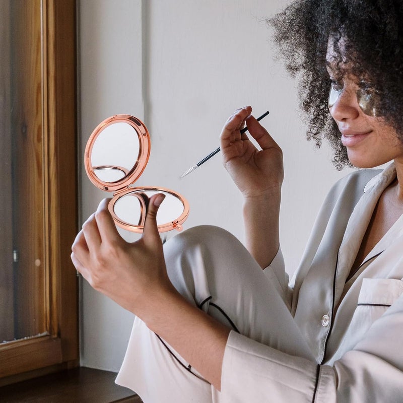 SHOWERORO Double-Sided Compact Pocket Makeup Mirror, Round Foldable Travel Cosmetic Mirror in Rose Gold for Women - Image 4
