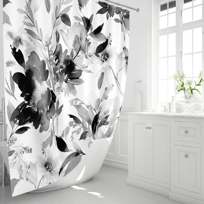 MAYZUS Black and White Shower Curtain, Watercolor Black Floral Shower Curtain for Bathroom, Modern Abstract Flower Decorative Fabric Shower Curtain Set with Hooks 72x72 - Image 2
